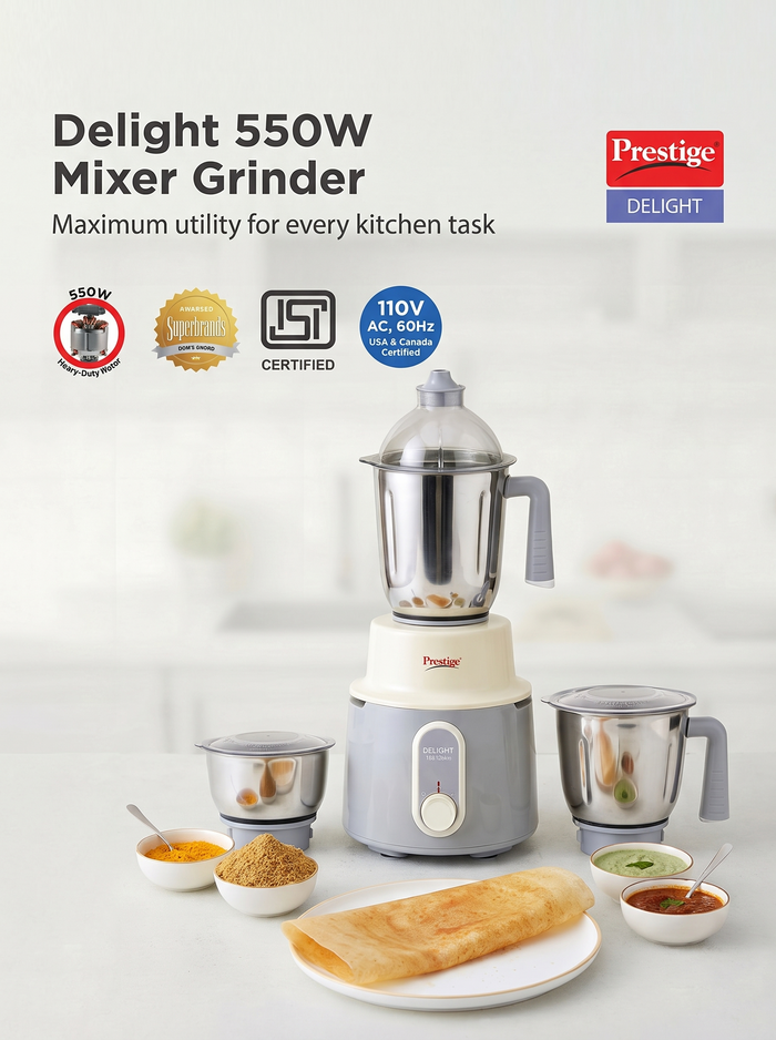Prestige Delight 550W Mixer Grinder – 110V, 3 Stainless Steel Jars (USA & Canada)