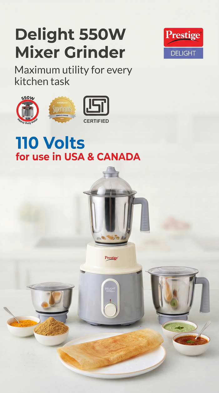 Prestige Delight 550W Mixer Grinder – 110V, 3 Stainless Steel Jars (USA & Canada)