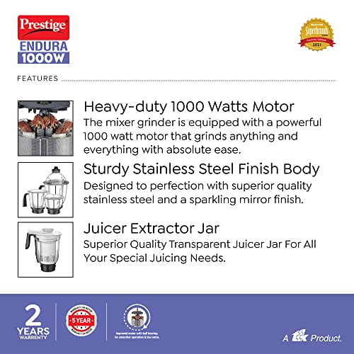 Prestige Endura 1000W Mixer Grinder, 6 Jars (1500 ml, 1000 ml, 1500 ml, 450 ml) (Black, Silver)