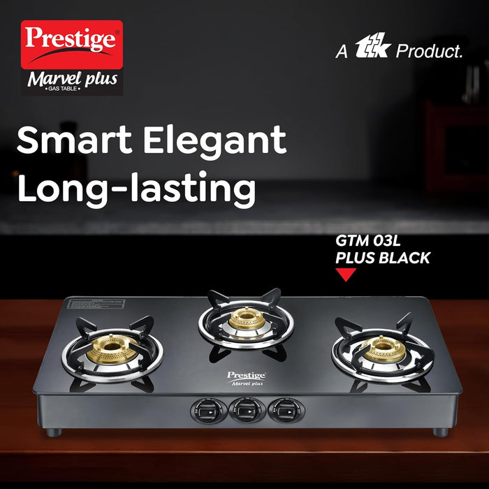 Black glass top gas stove with 3 burners including one jumbo burner for faster cooking