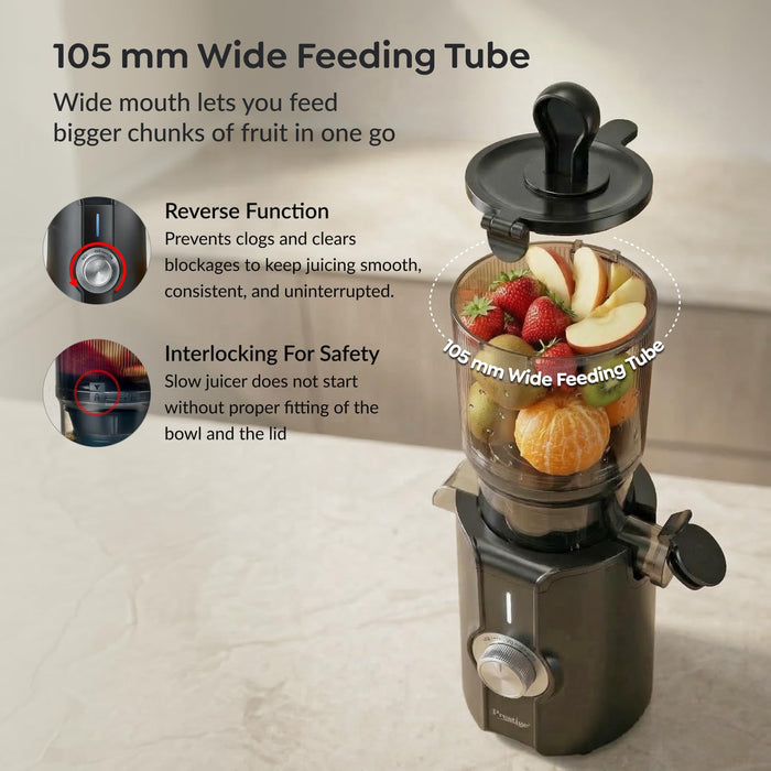 Prestige cold press juicer extracting fresh orange juice at 65 RPM quiet operation