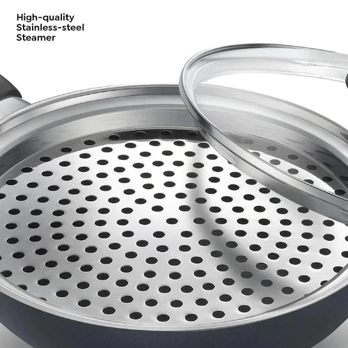 prestige omega deluxe granite multi-pan cookware 20cm with egg poacher, steamer and glass lid