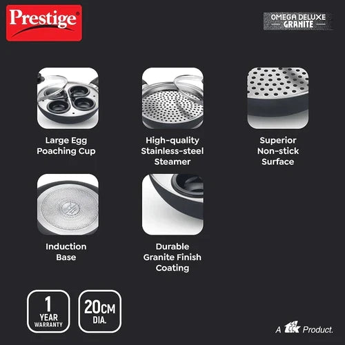 prestige omega deluxe granite multi-pan cookware 20cm with egg poacher, steamer and glass lid