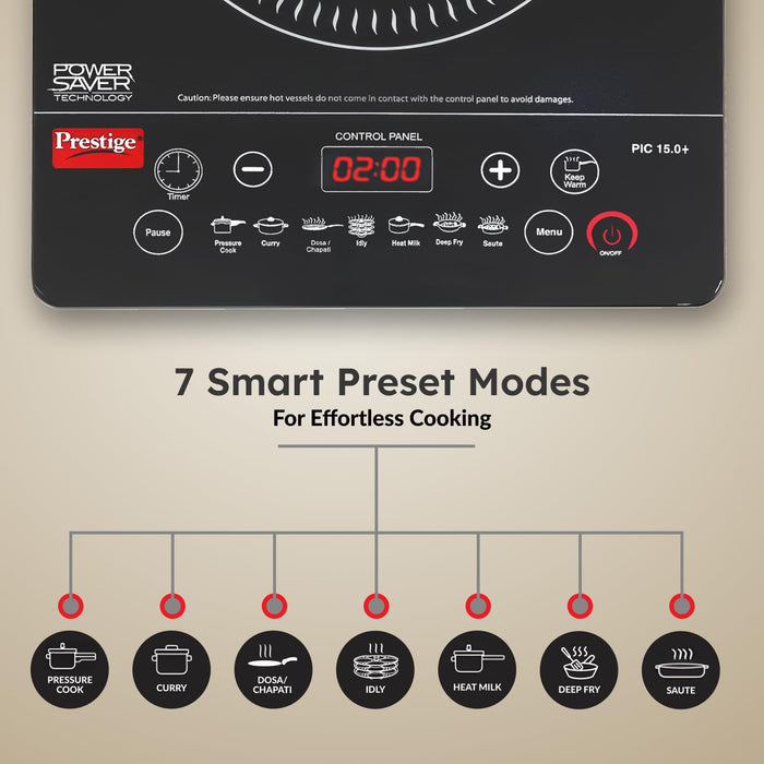 Black Prestige induction cooktop with 7 preset Indian menu options