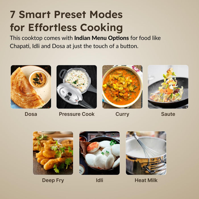 Prestige 2200W induction cooktop showing 7 preset Indian menu modes Dosa Idli Curry