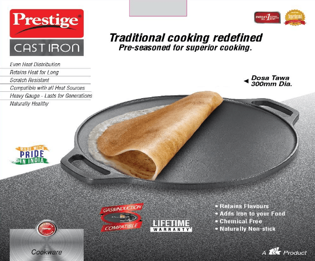 Prestige Pre-Seasoned Cast Iron Dosa Tawa, 30cm