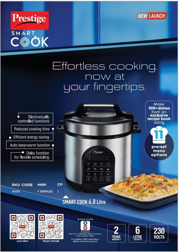 Prestige Smart Cook 6L Electric Cooker | 11 Pre-Set Menus | Steel Bowl