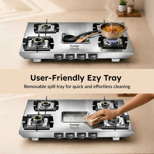 Prestige Stellora 04 gas stove 360 degree revolving nozzle and ergonomic knob detail