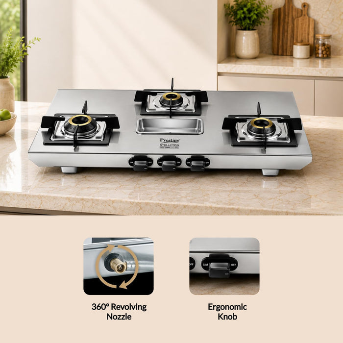 Prestige Stellora 3 Burner Stainless Steel Gas Stove – Designer Forged Brass Burners, 15-Year Body Warranty