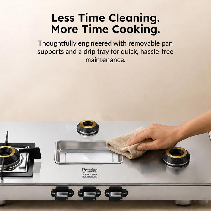 Prestige Stellora 3 Burner Stainless Steel Gas Stove – Designer Forged Brass Burners, 15-Year Body Warranty