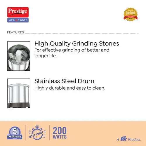Prestige Vertical Wet Grinder 1.5 Ltrs with Stainless Steel Drum 200 W (Black & Orange)