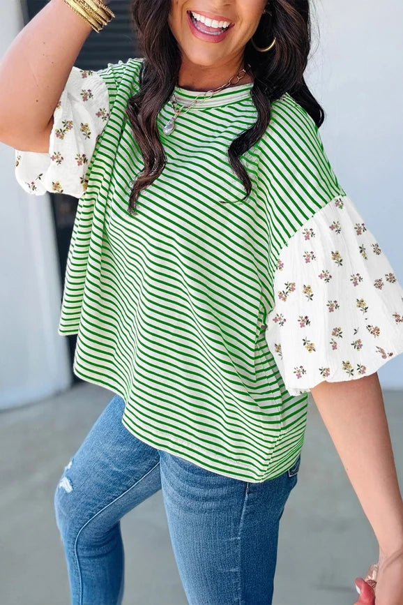 PRETTY BASH Floral Stripe Patchwork Puff Sleeve Top