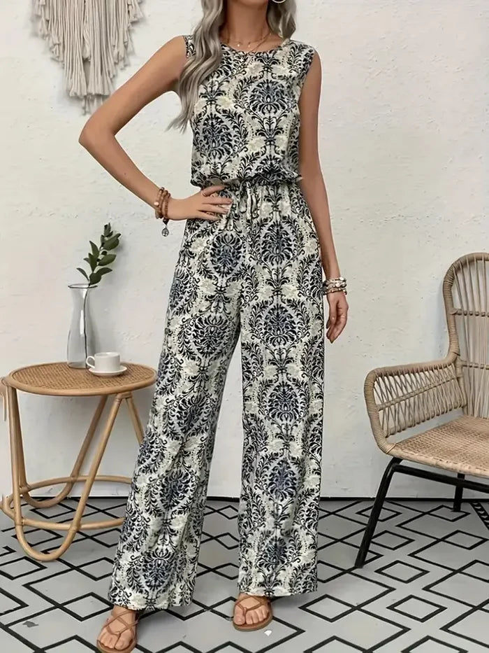Print Sleeveless Top Wide Leg Pants Set