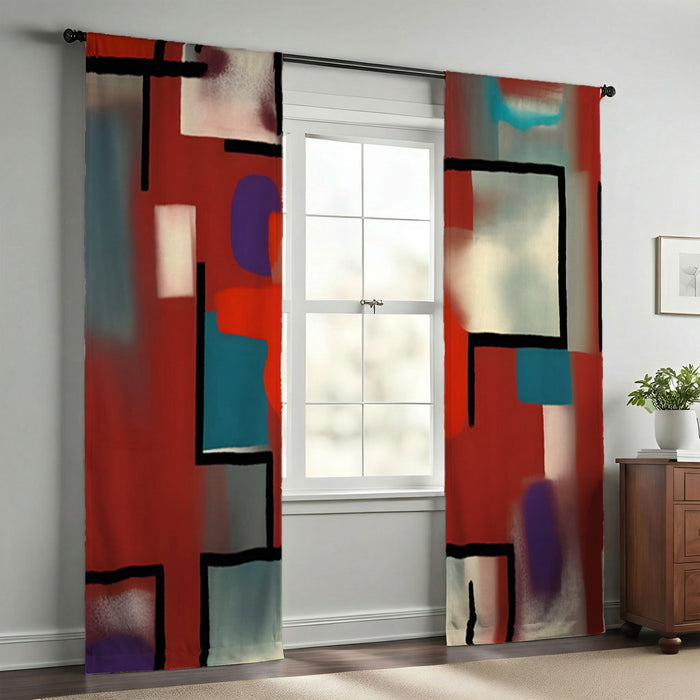 Red and Black Geometric MCM Block Pattern Window Curtains