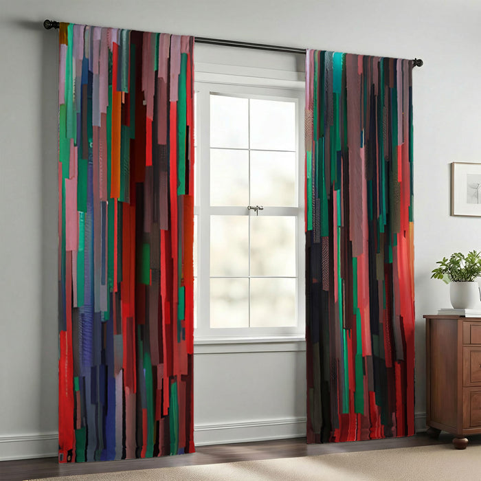 Red and Green Vertical Broken Stripe Abstract Pattern Window Curtains