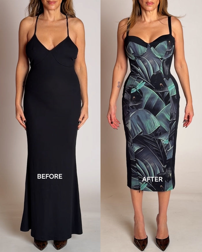 Before and after of Seamed Lushy Midi Dress - Frame Black Lily