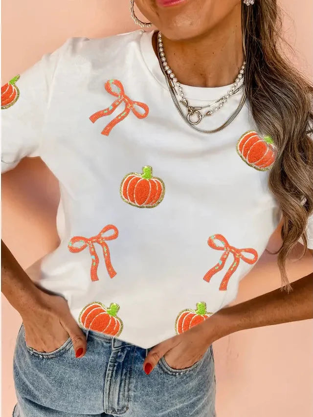 Sequin Chenille Pumpkin Bow Pattern Short T Shirt