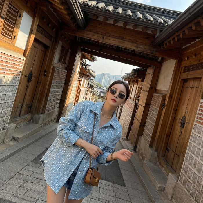 Veste en jean femme avec sequins mode coréenne streetwear - Koreanxwear