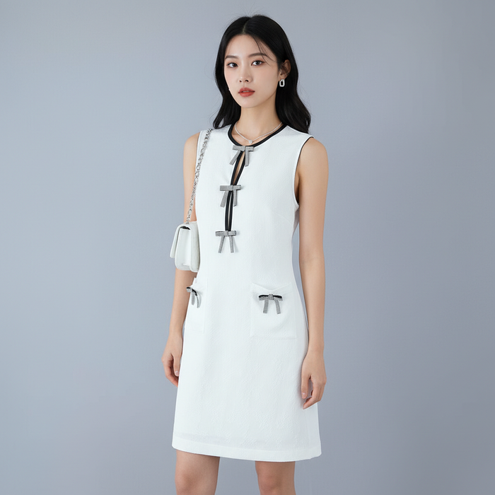 Robe courte blanche nœud contrastant - Mode coréenne femme - Taille XS