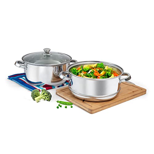 SignoraWare All Rounder Stainless Steel Induction Bottom Steamer/Modak/Momo Maker with Glass Lid (20cm) 2 Tier, Set of 1