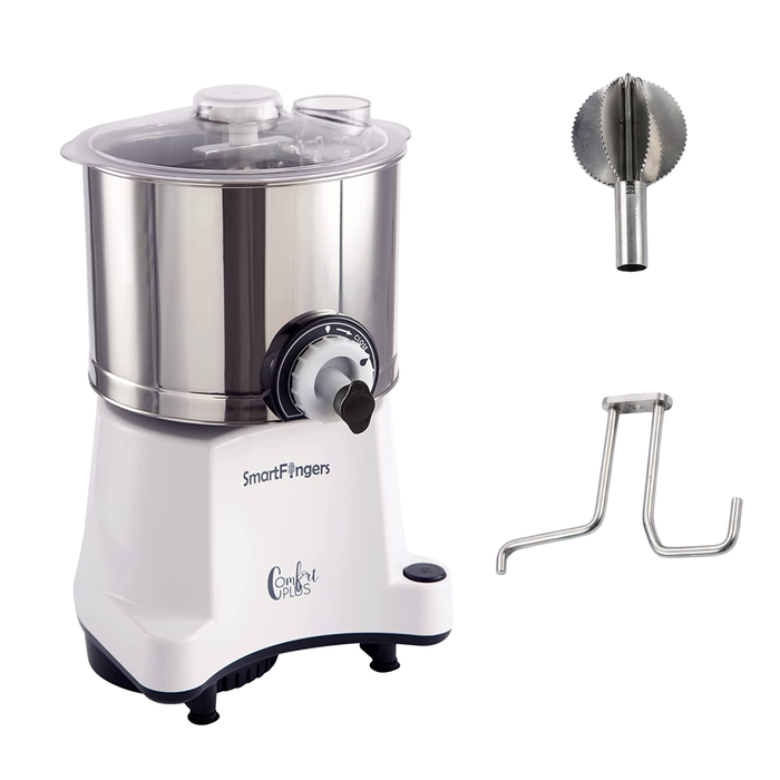SmartFingers 2L capacity wet grinder with included batter scoop and recipe manual
