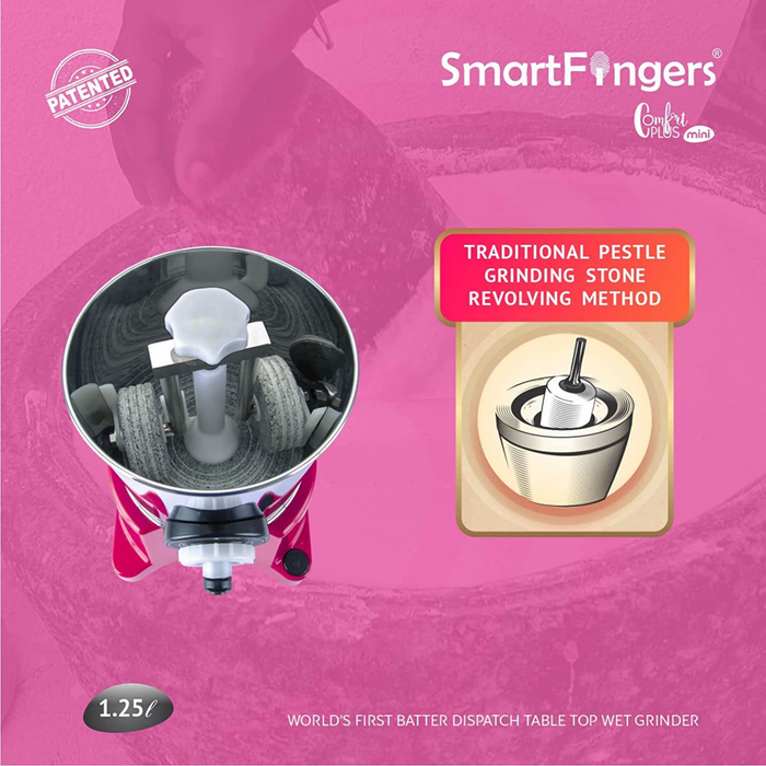 SmartFingers Comfort Plus Mini Table Top Wet Grinder, 1.25 Liter, 110 volts for use in usa and Canada only