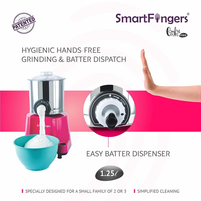 SmartFingers Comfort Plus Mini Table Top Wet Grinder, 1.25 Liter, 110 volts for use in usa and Canada only