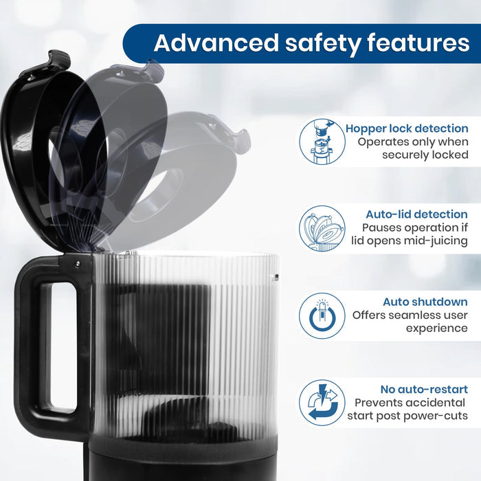 Black SOLARA cold press juicer for home with stainless steel strainer