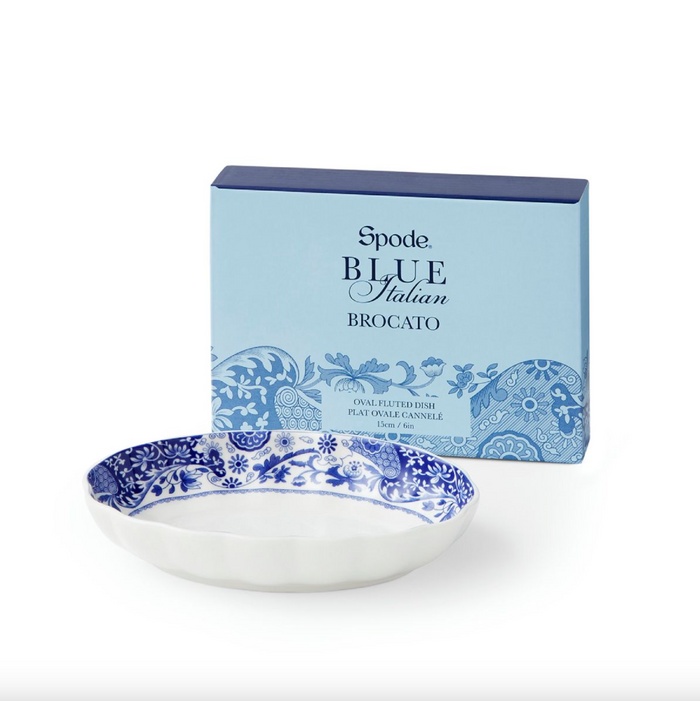 Spode- Blue Italian Brocato Oval Fluted Dish 6"