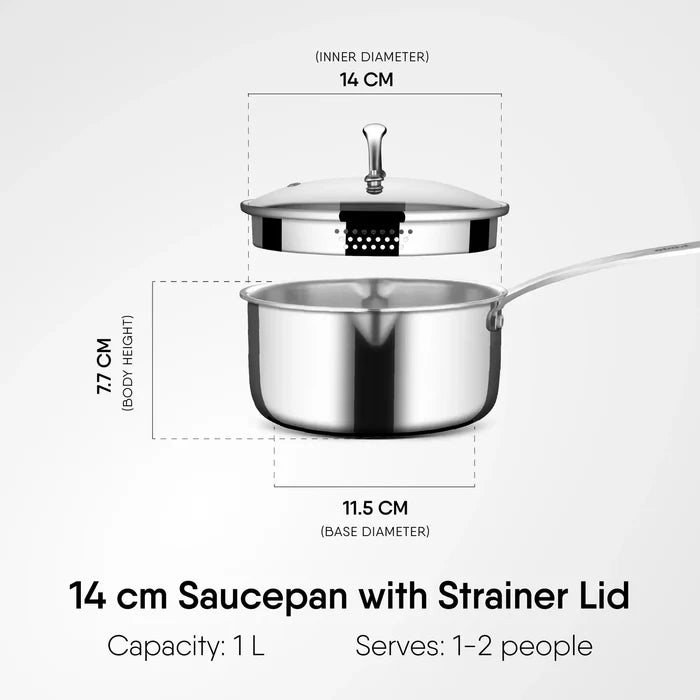 Stahl Artisan Triply Saucepan with Strainer Glass Lid, 14 cm, 1L capacity, serves 1-2 people, premium triply construction.