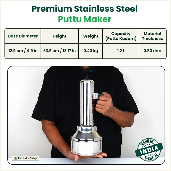 Stainless Steel Puttu Maker 1.2L , Premium Quality, 100% Toxin-free, Non-stick, Bakelite Handle, Induction & Gas