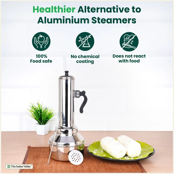 Stainless Steel Puttu Maker 1.2L , Premium Quality, 100% Toxin-free, Non-stick, Bakelite Handle, Induction & Gas
