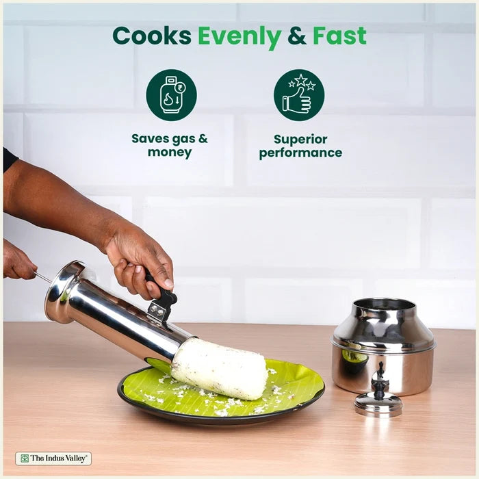 Stainless Steel Puttu Maker 1.2L , Premium Quality, 100% Toxin-free, Non-stick, Bakelite Handle, Induction & Gas