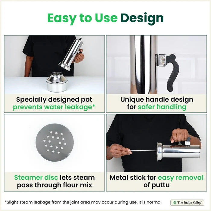 Stainless Steel Puttu Maker 1.2L , Premium Quality, 100% Toxin-free, Non-stick, Bakelite Handle, Induction & Gas