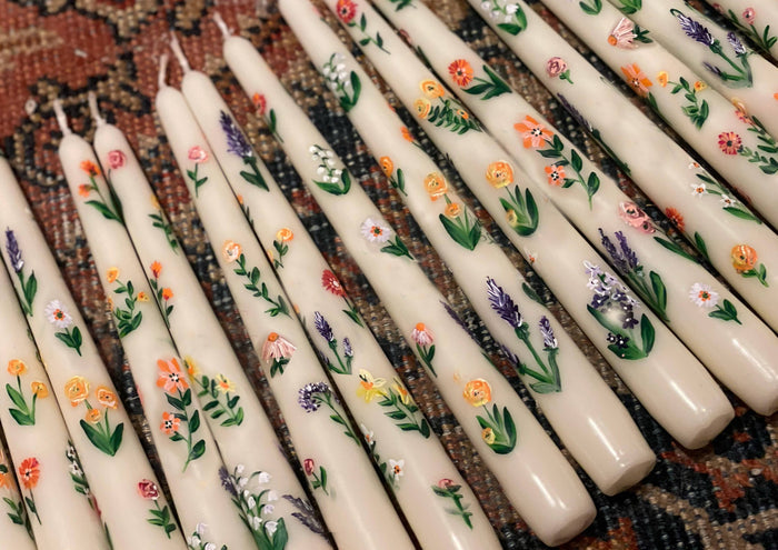 Stemmed Mixed Floral Hand-Painted Taper Pair