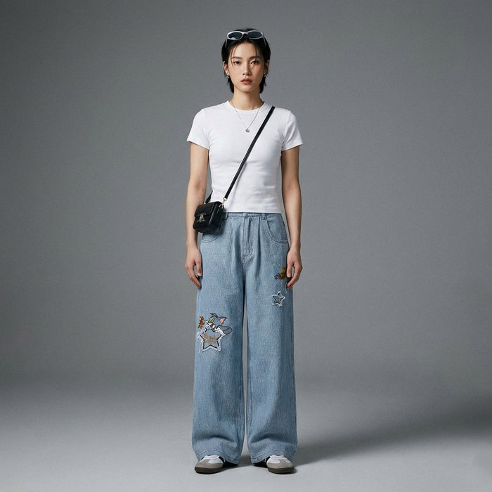 Jean droit brodé rayé bleu - Style streetwear coréen - Taille M