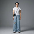 Jean droit brodé rayé bleu - Style streetwear coréen - Taille M