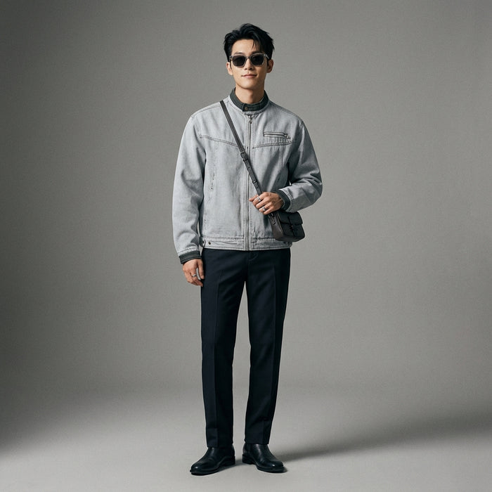 Veste denim délavée streetwear homme col montant gris clair - Koreanxwear - Taille M