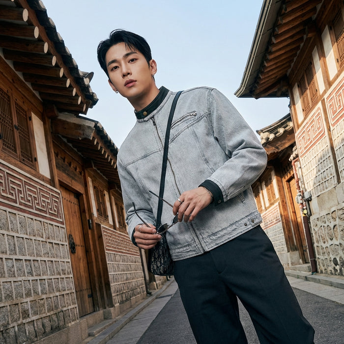 Veste denim délavée streetwear homme col montant gris clair - Koreanxwear