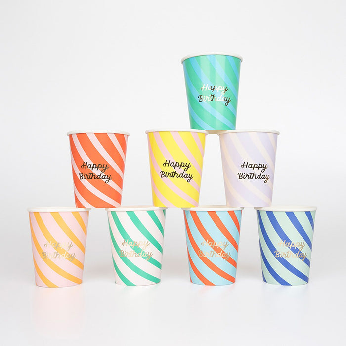 Stripe happy birthday cups