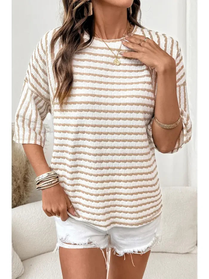 Stripe Textured Knit Split Hem Half Sleeve Top
