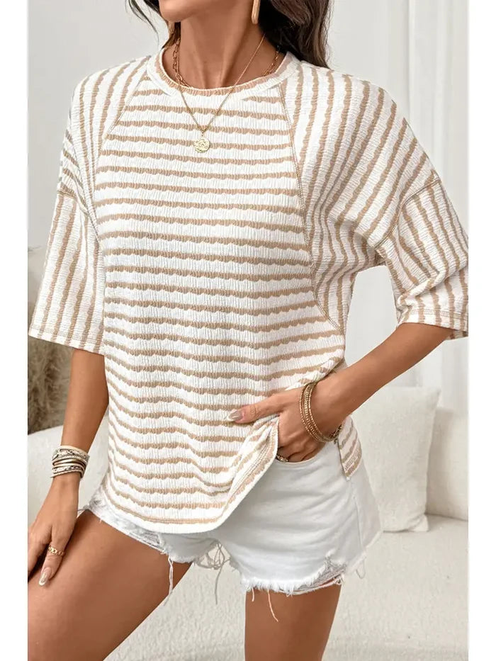 Stripe Textured Knit Split Hem Half Sleeve Top