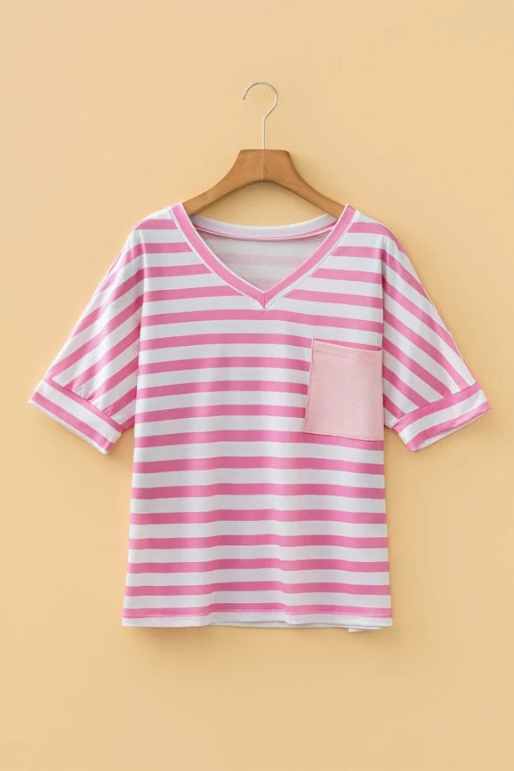 Stripe V Neck Patched Pocket Casual T Shirt