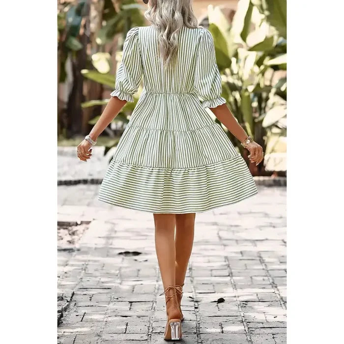 Striped V Neck Button Front Puff Sleeve Tiered Dress