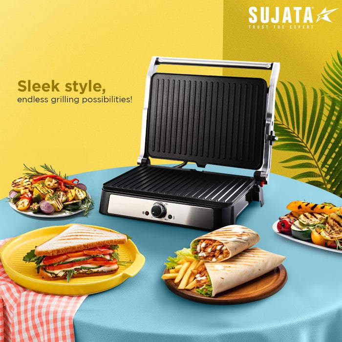 Sujata SG01 2000W electric grill in 180 degree flat open position doubling the cooking surface for XL grilling