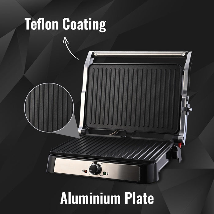 Sujata Multi Purpose Grill SG01 showing grill plate dimensions 13 inch by 8.75 inch with ribbed aluminium surface
