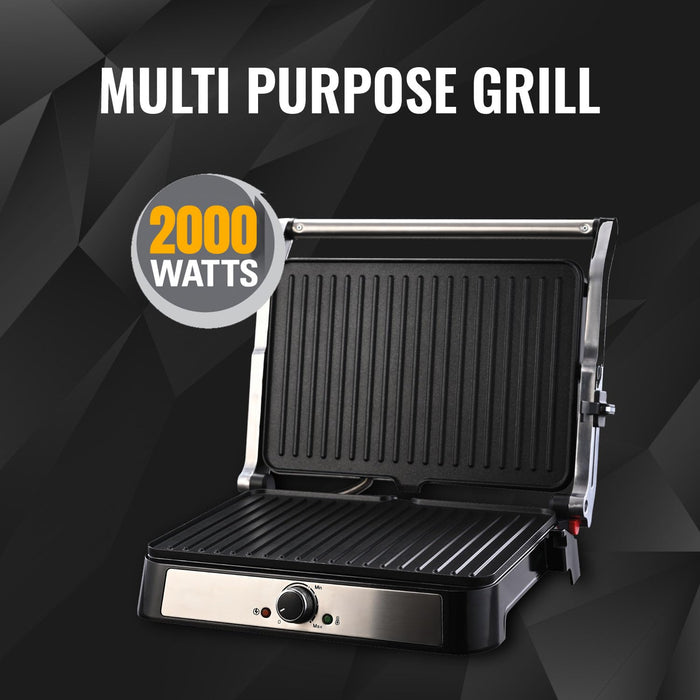 Heavy press stainless steel handle on Sujata SG01 grill with floating hinge for even pressure cooking and branded logo visible