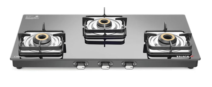 Sujata Classic 3 burner gas stove glass top in black with jumbo brass burners