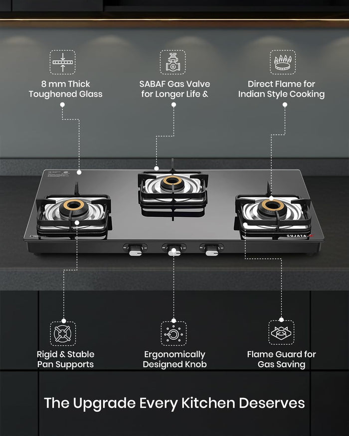 Black glass top 3 burner gas stove with SABAF valve and forged brass burners