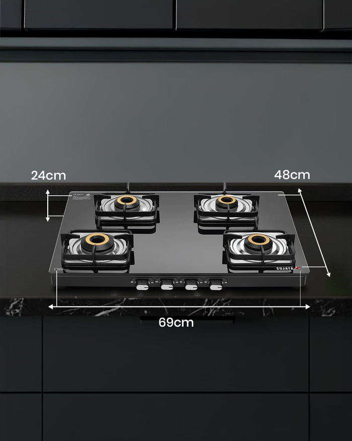 Sujata 4 burner glass top gas stove with jumbo forged brass burners